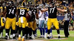 CANTON, OHIO - AUGUST 5: John Leglue #77 of the Pittsburgh Steelers celebrates a touchdown in the second half during the 2021 NFL preseason Hall of Fame Game against the Dallas Cowboys at Tom Benson Hall Of Fame Stadium on August 5, 2021 in Canton, Ohio. 