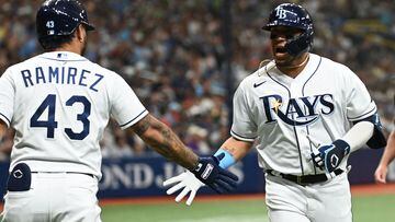 Jun 21, 2022; St. Petersburg, Florida, USA; Tampa Bay Rays first baseman Isaac Paredes (17) celebrates with designated hitter Harold Ramirez (43) after hitting a solo home run in the first inning against the New York Yankees at Tropicana Field. Mandatory Credit: Jonathan Dyer-USA TODAY Sports