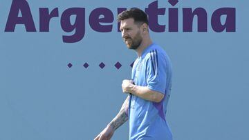 Argentina's forward #10 Lionel Messi looks on during a training session at Qatar University in Doha, on November 27, 2022 ahead of the Qatar 2022 World Cup football tournament match against Poland to be held on November 30. (Photo by JUAN MABROMATA / AFP)