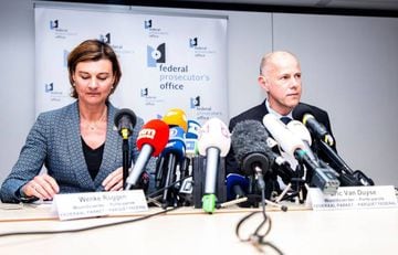 Federal magistrate Wenke Roggen (L) and Federal magistrate Eric Van Duyse speak during a press conference at the Federaal Parket in Brussels on October 11, 2018.