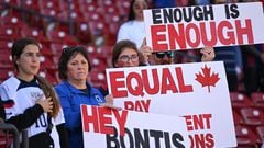 Fans hold signs in support of the Canadian women's national soccer team's protest for equal pay ahead of the 2023 SheBelieves Cup.