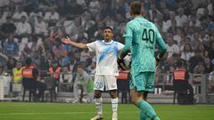 Marseille's Chilean forward Alexis Sanchez reacts during the French L1 football match between Olympique Marseille (OM) and Stade Brestois 29 (Brest) at Stade Velodrome in Marseille, southern France on May 27, 2023. (Photo by Nicolas TUCAT / AFP)