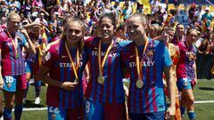Lieke Martens, Marta Torrejon and Irene Paredes of FC Barcelona celebrates the victory during the Final of the spanish women cup, Copa de la Reina, football match played between FC Barcelona and Sporting Club de Huelva on May 29, 2022, in Alcorcon, Madrid