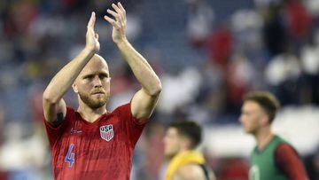 United States midfielder Michael Bradley (4) celebrates as he thanks the crowd after the team&#039;s win against Jamaica in an CONCACAF Gold Cup semifinal soccer match Wednesday, July 3, 2019, in Nashville, Tenn. The United States won 3-1. (AP Photo/Mark Zaleski)