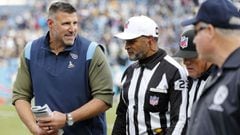 NASHVILLE, TENNESSEE - NOVEMBER 14: Head coach Mike Vrabel of the Tennessee Titans talks with referee Jerome Boger #23 after the game between the New Orleans Saints and the Tennessee Titans at Nissan Stadium on November 14, 2021 in Nashville, Tennessee.  
