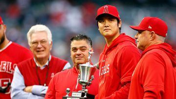 ANAHEIM, CALIFORNIA - SEPTEMBER 30: Shohei Ohtani #17 of the Los Angeles Angels holds the 2023 Los Angeles Angels Most Valuable Player trophy before a game against the Oakland Athletics at Angel Stadium of Anaheim on September 30, 2023 in Anaheim, California.   Ronald Martinez/Getty Images/AFP (Photo by RONALD MARTINEZ / GETTY IMAGES NORTH AMERICA / Getty Images via AFP)