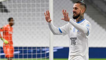 Marseille&#039;s Argentine forward Dario Benedetto (R) celebrates after scoring a goal during the French L1 football match between Olympique de Marseille (OM) and Nantes (FCN) at the Velodrome Stadium in Marseille, southeastern France, on November 28, 202