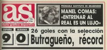 The front cover of AS from Thursday 20th December 1990 reports Spain's 9-0 win and Butragueños new national team record.