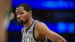 Dec 7, 2021; Dallas, Texas, USA; Brooklyn Nets forward Kevin Durant (7) waits for play to resume against the Dallas Mavericks during the second half at the American Airlines Center. Mandatory Credit: Jerome Miron-USA TODAY Sports