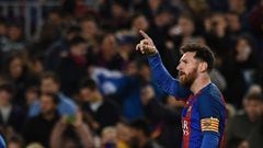 Barcelona&#039;s Argentinian forward Lionel Messi celebrates after scoring a goal during the Spanish league football match FC Barcelona vs RC Celta de Vigo
