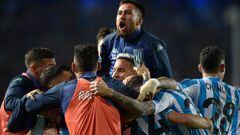 AVELLANEDA, ARGENTINA - MAY 10: Carlos Alcaraz of Racing Club celebrates with teammates after scoring his team's first goal during a quarterfinal match of Copa De la Liga 2022 between Racing Club and Aldosivi at Presidente Peron Stadium on May 10, 2022 in Avellaneda, Argentina. (Photo by Gustavo Garello/Jam Media/Getty Images)
