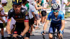 Team Jumbo Visma&#039;s Sepp Kuss of US (L) and Team Movistar&#039;s Alejandro Valverde of Spain climb the Beixalis pass during the 15th stage of the 108th edition of the Tour de France cycling race, 191 km between Ceret and Andorre-La-Vieille, on July 11