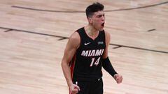 Sep 23, 2020; Lake Buena Vista, Florida, USA; Miami Heat guard Tyler Herro (14) celebrates after among a layup against the Boston Celtics during the second half of game four of the Eastern Conference Finals of the 2020 NBA Playoffs at AdventHealth Arena. Mandatory Credit: Kim Klement-USA TODAY Sports