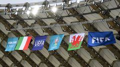 ROME, ITALY - JUNE 20: A general view inside the stadium as the flags of Italy and Wales are seen alongside the flags of UEFA and FIFA prior to the UEFA Euro 2020 Championship Group A match between Italy and Wales at Olimpico Stadium on June 20, 2021 in R