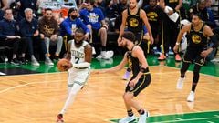 BOSTON, MA - JUNE 10: Jaylen Brown #7 of the Boston Celtics dribbles the ball during Game Four of the 2022 NBA Finals against the Golden State Warriors on June 10, 2022 at TD Garden in Boston, Massachusetts.