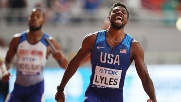 American sprinter Noah Lyles celebrates his victory in the 200 meters at the Doha 2019 World Championships in Athletics.