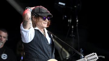 Actor Johnny Depp performs with musician Jeff Beck (not pictured) during the Helsinki Blues Festival in Helsinki, Finland, June, 19, 2022. Lehtikuva/Jussi Nukari via REUTERS      ATTENTION EDITORS - THIS IMAGE WAS PROVIDED BY A THIRD PARTY. NO THIRD PARTY SALES. NOT FOR USE BY REUTERS THIRD PARTY DISTRIBUTORS. FINLAND OUT. NO COMMERCIAL OR EDITORIAL SALES IN FINLAND.
