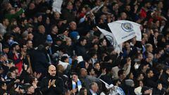 Manchester City's Spanish manager Pep Guardiola applauds during the UEFA Champions League semi-final first leg football match between Manchester City and Real Madrid, at the Etihad Stadium, in Manchester, on April 26, 2022. (Photo by Paul ELLIS / AFP)