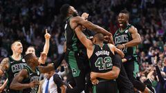 Feb 4, 2018; Boston, MA, USA; Boston Celtics guard Jaylen Brown (7) reacts with forward Daniel Theis (27) after forward Al Horford (42) hit the game winning shot during the second half against the Portland Trail Blazers at TD Garden. Mandatory Credit: Bob