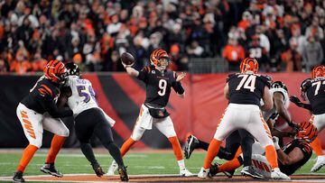 CINCINNATI, OHIO - JANUARY 15: Joe Burrow #9 of the Cincinnati Bengals throws a pass against the Baltimore Ravens during the first quarter in the AFC Wild Card playoff game at Paycor Stadium on January 15, 2023 in Cincinnati, Ohio.   Dylan Buell/Getty Images/AFP (Photo by Dylan Buell / GETTY IMAGES NORTH AMERICA / Getty Images via AFP)