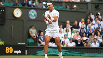 LONDON, ENGLAND - JULY 04: Rafael Nadal (ESP) celebrates a point during day eight of The Championships Wimbledon 2022 at All England Lawn Tennis and Croquet Club on July 4, 2022 in London, England. (Photo by Simon Stacpoole/Offside/Offside via Getty Images)