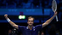 TURIN, ITALY - NOVEMBER 16: Daniil Medvedev of Russia celebrates after winning his singles match against Alexander Zverev of Germany on Day Three of the Nitto ATP World Tour Finals at Pala Alpitour on November 16, 2021 in Turin, Italy. (Photo by Julian Fi