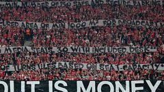 Union Berlin fans display banners criticising UEFA stadium regulations at the beginning of the UEFA Champions League Group C football match between 1 FC Union Berlin and Sporting Braga in Berlin on October 3, 2023. (Photo by John MACDOUGALL / AFP)