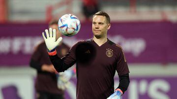 AL RUWAIS, QATAR - NOVEMBER 30: Manuel Neuer of Germany looks on during the Germany Training Session at Al Shamal Stadium on November 30, 2022 in Al Ruwais, Qatar. (Photo by Alexander Hassenstein/Getty Images)