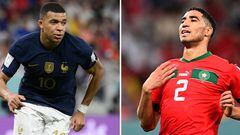 This combination picture made on December 12, 2022 shows France's forward Kylian Mbappe Morocco's defender Achraf Hakimi in Doha on December 6, 2022 and  during the Qatar 2022 World Cup football tournament. - France will play Morocco in the Qatar 2022 World Cup football semi-final match in Doha on December 14, 2022. (Photo by Kirill KUDRYAVTSEV and Franck FIFE / AFP)