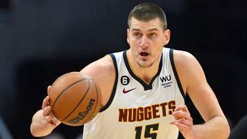 Feb 23, 2023; Cleveland, Ohio, USA; Denver Nuggets center Nikola Jokic (15) drives to the basket in the second quarter against the Cleveland Cavaliers at Rocket Mortgage FieldHouse. Mandatory Credit: David Richard-USA TODAY Sports