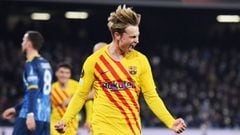 Barcelona&#039;s midfielder Frenkie de Jong celebrates after scoring a goal 0-2 during the UEFA Europa League, Play-off, 2nd leg football match between SSC Napoli and FC Barcelona on February 24, 2022 at the Diego Armando Maradona stadium in Naples, Italy
