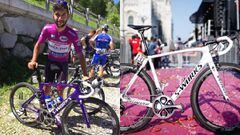 Las bicicletas personalizadas con colores morados y blancos que han recibido Fernando Gaviria y Bon Jungels tras ganar las clasificaciones de los puntos y al mejor joven en el Giro de Italia.