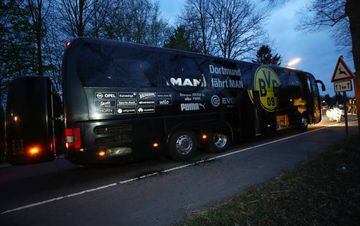 The Borussia Dortmund team bus is seen after an explosion near their hotel before the game.