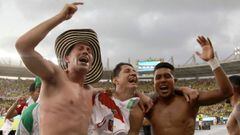 Peru&#039;s players celebrate after defeating Colombia during the South American qualification football match for the FIFA World Cup Qatar 2022 at the Roberto Melendez Metropolitan Stadium in Barranquilla, Colombia, on January 28, 2021. (Photo by DANIEL M