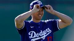GLENDALE, ARIZONA - FEBRUARY 14: Shohei Ohtani #17 of the Los Angeles Dodgers laughs during workouts at Camelback Ranch on February 14, 2024 in Glendale, Arizona.   Chris Coduto/Getty Images/AFP (Photo by Chris Coduto / GETTY IMAGES NORTH AMERICA / Getty Images via AFP)