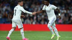 Soccer Football - LaLiga - Real Madrid v Getafe - Santiago Bernabeu, Madrid, Spain - May 13, 2023 Real Madrid's Vinicius Junior comes on as a substitute to replace Eden Hazard REUTERS/Isabel Infantes