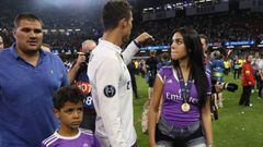 CARDIFF, WALES - JUNE 03:  Cristiano Ronaldo of Real Madrid walks with girlfriend Georgina Rodriguez and son Cristiano Jnr at the end of the UEFA Champions League Final between Juventus and Real Madrid at National Stadium of Wales on June 3, 2017 in Cardiff, Wales.  (Photo by Matthew Ashton - AMA/Getty Images)