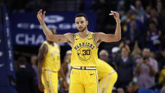 OAKLAND, CA - OCTOBER 24: Stephen Curry #30 of the Golden State Warriors reacts to the crowd chanting &quot;MVP&quot; during their game against the Washington Wizards at ORACLE Arena on October 24, 2018 in Oakland, California. Curry finished the game with