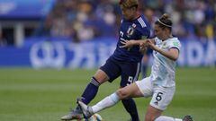 Japan&#039;s forward Yuika Sugasawa (L) vies with Argentina&#039;s defender Aldana Cometti during the France 2019 Women&#039;s World Cup Group D football match between Argentina and Japan, on June 10, 2019, at the Parc des Princes stadium in Paris. (Photo