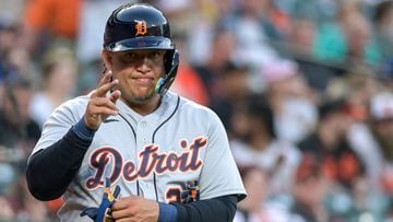 Apr 21, 2023; Baltimore, Maryland, USA;  Detroit Tigers designated hitter Miguel Cabrera (24) waves to the Baltimore Orioles dugout during the second inning at Oriole Park at Camden Yards. Mandatory Credit: Tommy Gilligan-USA TODAY Sports