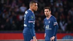 Lionel MESSI of PSG and Kylian MBAPPE of PSG during the Ligue 1 Uber Eats match between Paris Saint Germain and Marseille at Parc des Princes on April 17, 2022 in Paris, France. (Photo by Anthony Dibon/Icon Sport via Getty Images)