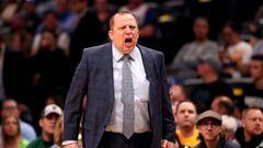 DENVER, CO - APRIL 05: Head coach Tom Thibodeau of the Minnesota Timberwolves watches as his team plays the Denver Nuggets at the Pepsi Center on April 5, 2018 in Denver, Colorado. NOTE TO USER: User expressly acknowledges and agrees that, by downloading 