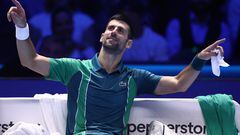 Tennis - ATP Finals - Pala Alpitour, Turin, Italy - November 14, 2023 Serbia's Novak Djokovic reacts at a change of ends during his group stage match against Italy's Jannik Sinner REUTERS/Guglielmo Mangiapane