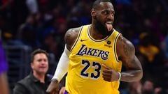 Feb 28, 2024; Los Angeles, California, USA; Los Angeles Lakers forward LeBron James (23) reacts after scoring a three point basket against the Los Angeles Clippers during the second half at Crypto.com Arena. Mandatory Credit: Gary A. Vasquez-USA TODAY Sports
