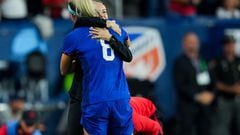 Sep 21, 2023; Cincinnati, Ohio, USA;  United States midfielder Julie Ertz (8) hugs interim head coach Twila Kilgore after leaving the field during the match against South Africa in the first half at TQL Stadium. Mandatory Credit: Aaron Doster-USA TODAY Sports
