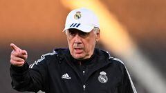 HELSINKI, FINLAND - AUGUST 09: Carlo Ancelotti, Head Coach of Real Madrid reacts during the Real Madrid CF training session and press conference ahead of the UEFA Super Cup Final 2022 at Helsinki Olympic Stadium on August 09, 2022 in Helsinki, Finland.  (Photo by Oliver Hardt - UEFA/UEFA via Getty Images)
