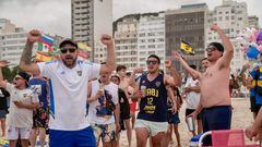 Fans of Argentina�s Boca Juniors enjoy Copacabana beach in Rio de Janeiro, Brazil, on November 2, 2023, ahead of the Copa Libertadoreas final match against Fluminense next November 4. (Photo by Carlos Fabal / AFP)