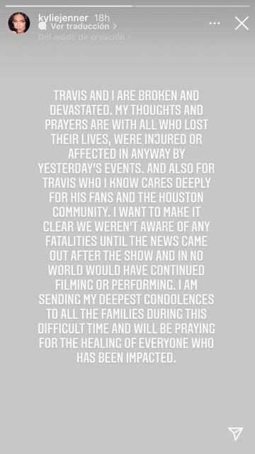 Kylie Jenner rompe el silencio para defender a Travis Scott tras lo sucedido en el Festival Astroworld, donde al menos ocho personas murieron.