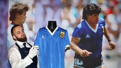 (FILES) In this file photo taken on April 20, 2022 a Sotheby's technician adjusts a football shirt worn by Argentina's Diego Maradona during the 1986 World Cup quarter-final match against England, during a photocall at Sotheby's auction house in London ahead of its sale. - The jersey that Argentina football legend Diego Maradona wore when scoring twice against England in the 1986 World Cup, including the infamous "hand of God" goal, was auctioned for $9.3 million, a record for any item of sports memorabilia, Sotheby's said May 4, 2022. (Photo by ADRIAN DENNIS / AFP)