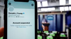 A photo illustration shows the suspended Twitter account of U.S. President Donald Trump on a smartphone at the White House briefing room in Washington, U.S., January 8, 2021.  REUTERS/Joshua Roberts/Illustration/File Photo